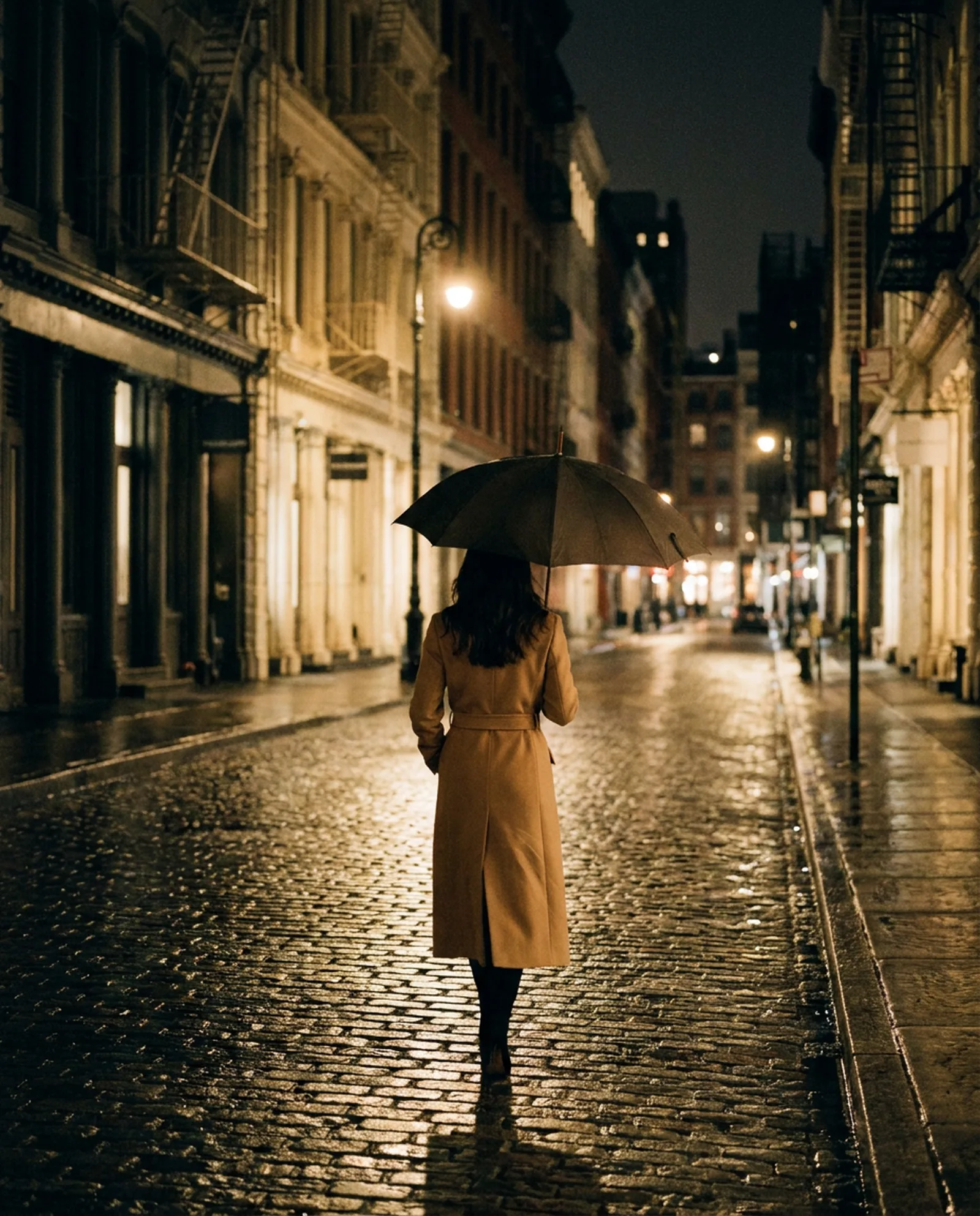 A woman with an umbrella walks down a rain-wet European street at night