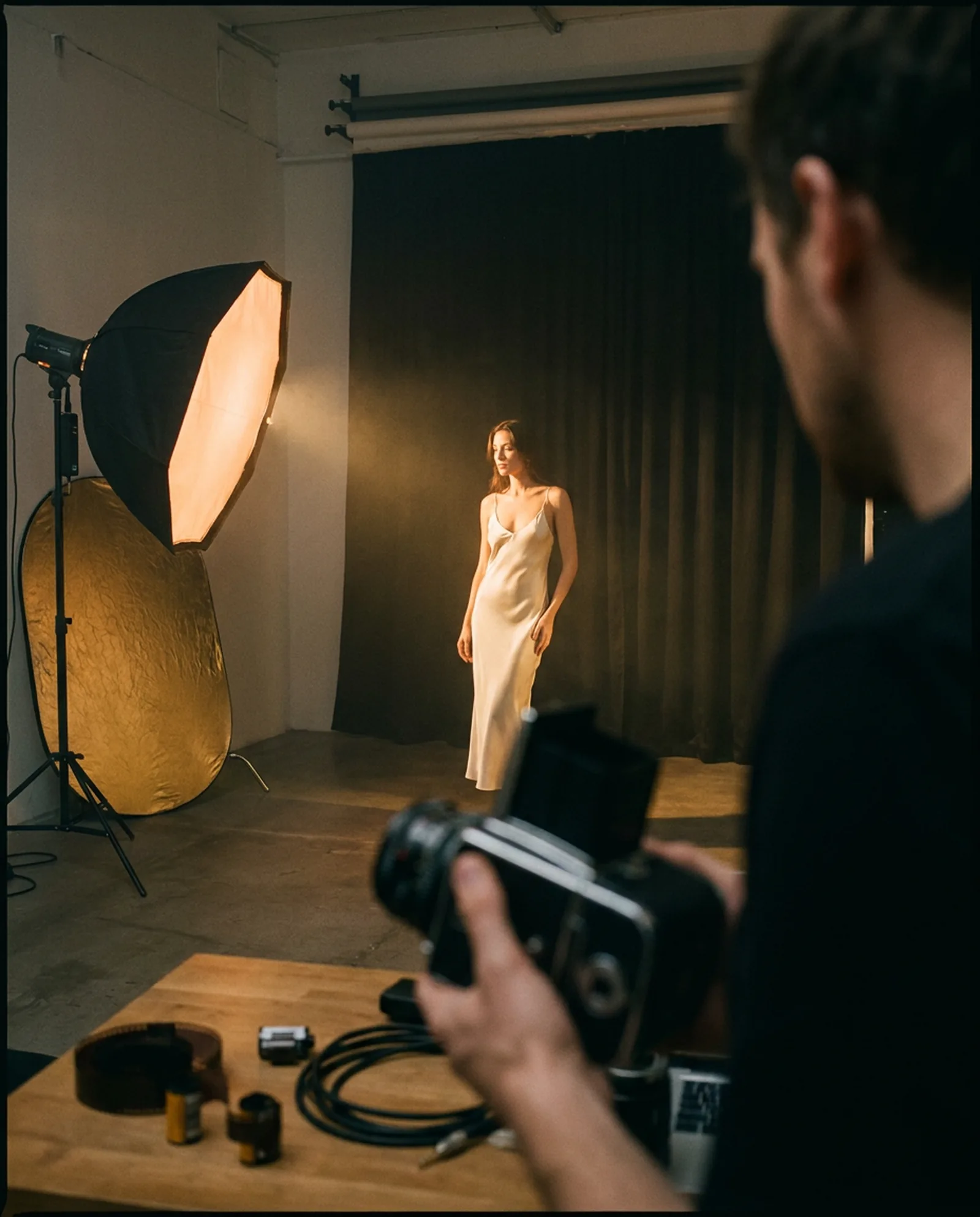Behind the scenes at a fashion shoot, a photographer framing a model in an ivory slip dress
