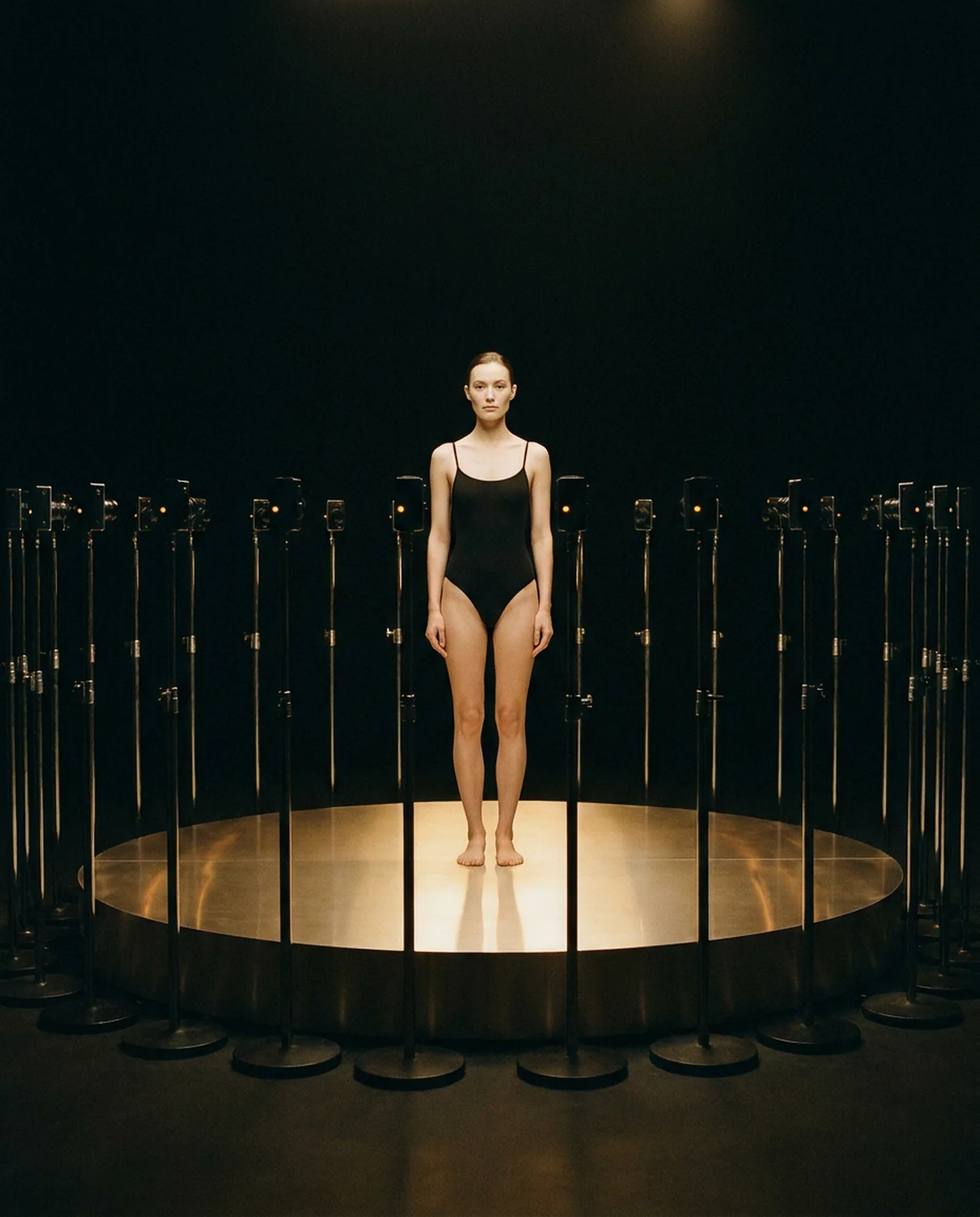 A model stands on a lit platform surrounded by a ring of cameras capturing her from every angle